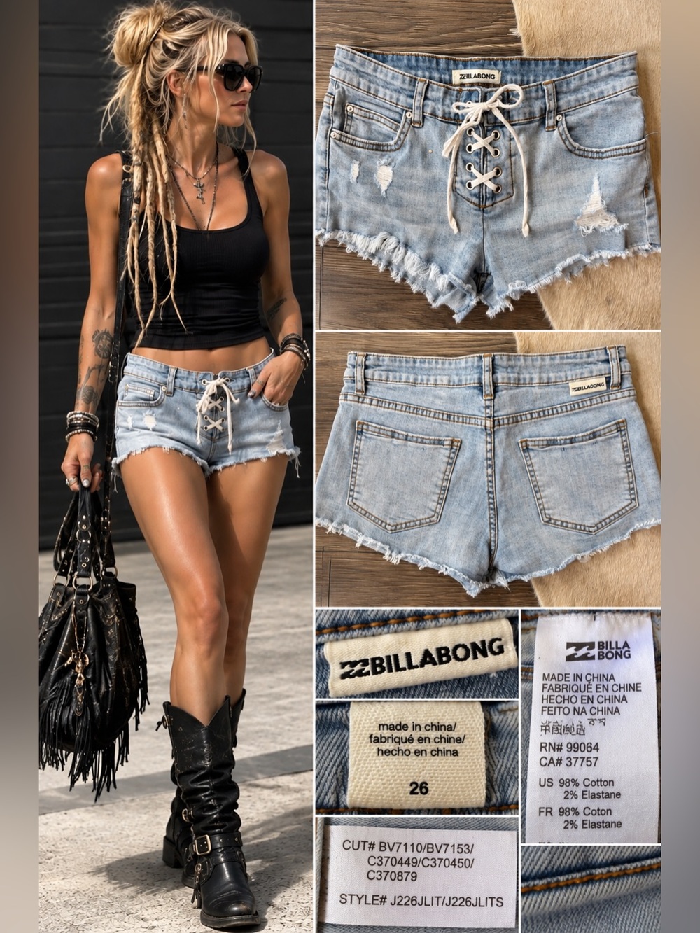 Billabong Lace Up Distressed Denim Cutoff Shorts Size 26 Light Wash